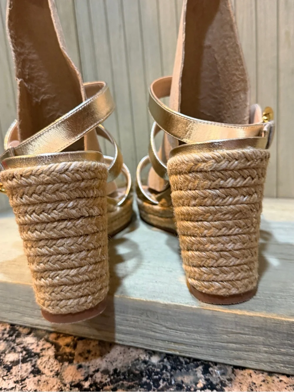 New Stuart Weitzman Metallic Gold Wedge Sandals with Espadrille Platform 10 - Picture 7 of 13